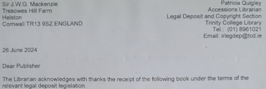 Letter acknowledging receipt of the 'A Reluctant Aristocrat' book from Trinity College Library in Dublin.